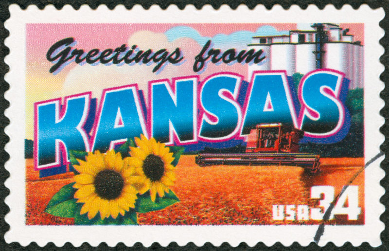 Postage Stamp saying Greetings from Kansas